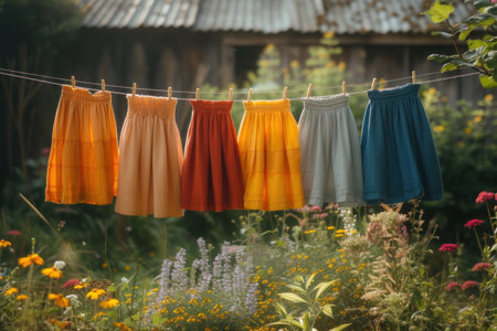 Colorful children's clothes are dried on the clothesline in the garden outside.の素材