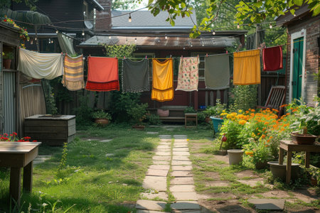 Colorful children's clothes are dried on the clothesline in the garden outside.の素材