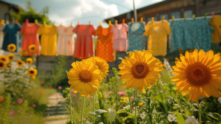 Colorful children's clothes are dried on the clothesline in the garden outside.の素材
