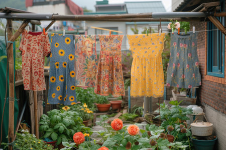 Colorful children's clothes are dried on the clothesline in the garden outside.の素材
