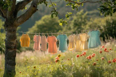 Colorful children's clothes are dried on the clothesline in the garden outside.の素材