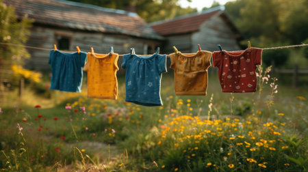 Colorful children's clothes are dried on the clothesline in the garden outside.の素材