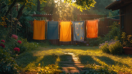 Colorful children's clothes are dried on the clothesline in the garden outside.の素材