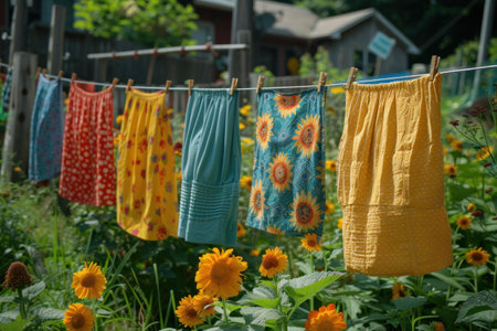 Colorful children's clothes are dried on the clothesline in the garden outside.の素材