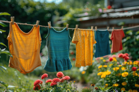 Colorful children's clothes are dried on the clothesline in the garden outside.の素材