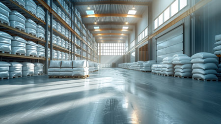 White bags and high storage racks in large warehouse.の素材