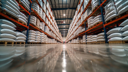 White bags and high storage racks in large warehouse.の素材