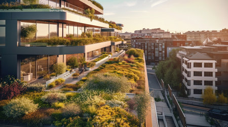 A modern residential district with green roof and balcony.の素材