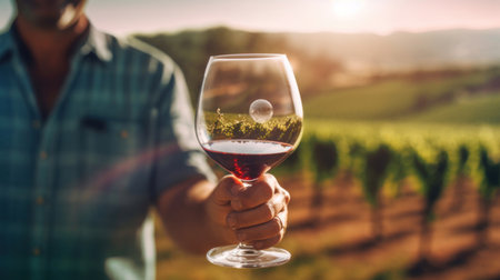 A sommelier who is spinning a glass containing red wine, and in the background is the vineyard from which this wine was produced.の素材