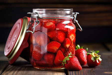 A jar with canned strawberries and fresh strawberries on a wooden table, Canned strawberries.の素材