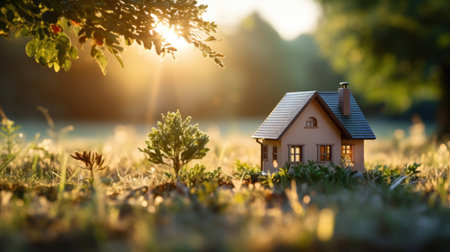 A small house on grass at outside.の素材