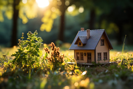 A small house on grass at outside.の素材