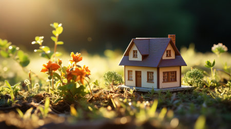 A small house on grass at outside.の素材