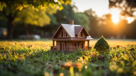 A small house on grass at outside.の素材