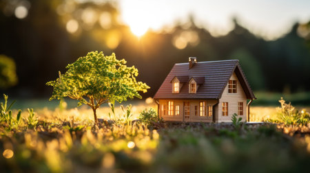 A small house on grass at outside.の素材