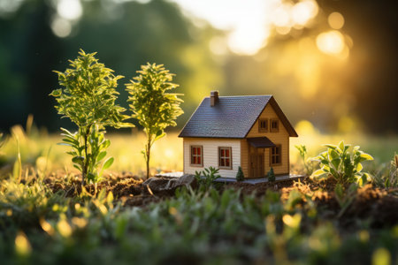 A small house on grass at outside.の素材
