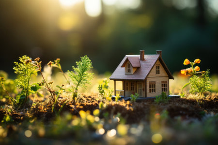 A small house on grass at outside.の素材