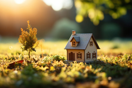 A small house on grass at outside.の素材