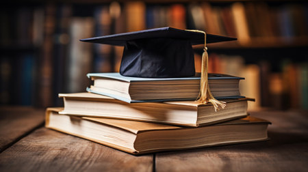 A stack of books with a graduation cap on top of it in the library.の素材