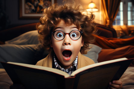 A surprised kid reading a book.の素材