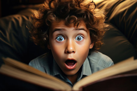 A surprised kid reading a book.の素材