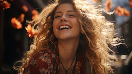 A smiling overweight woman in the street.の素材