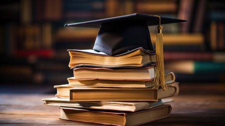 A stack of books with a graduation cap on top of it in the library.の素材