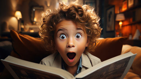 A surprised kid reading a book.の素材