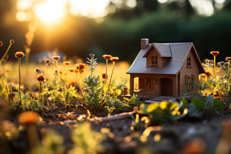 A small house on grass at outside.の素材