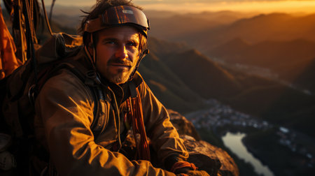 Active climber in protective helmet hanging on mountain holding on to rope in warm light of sunset background.の素材