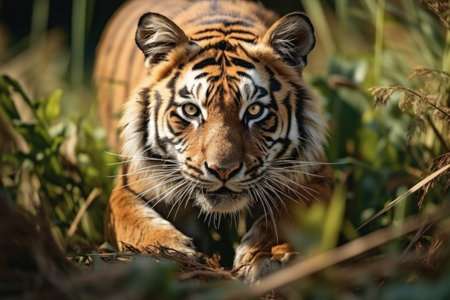 A tiger is preparing to hunt prey in the grassland.の素材