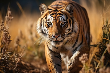 A tiger is preparing to hunt prey in the grassland.の素材