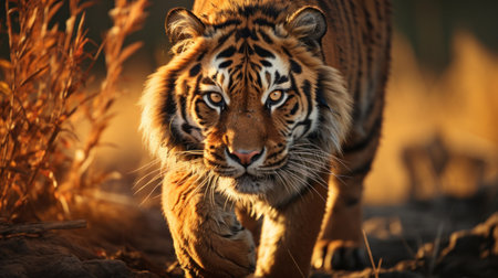 A tiger is preparing to hunt prey in the grassland.の素材