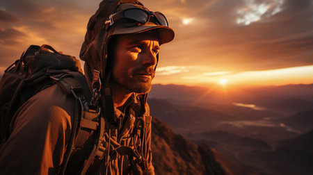 Active climber in protective helmet hanging on mountain holding on to rope in warm light of sunset background.の素材