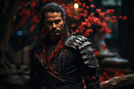 An Epic samurai with a weapon sword in front of a old temple. Traditional of Japanese.の素材