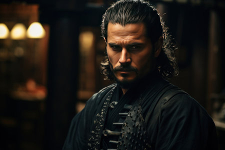 An Epic samurai with a weapon sword in front of a old temple. Traditional of Japanese.の素材