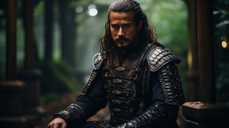 An Epic samurai with a weapon sword in front of a old temple. Traditional of Japanese.の素材