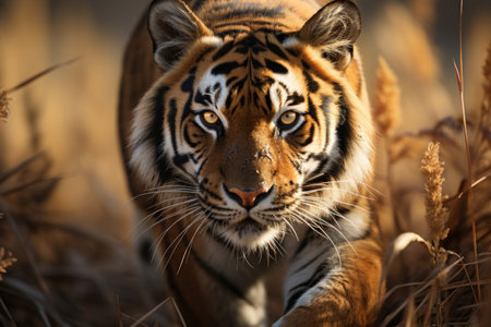 A tiger is preparing to hunt prey in the grassland.の素材