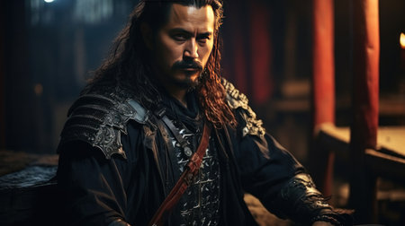 An Epic samurai with a weapon sword in front of a old temple. Traditional of Japanese.の素材