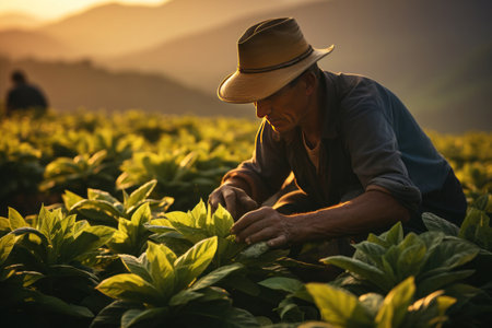 Asian farmer harvesting tobacco on a plantation.の素材
