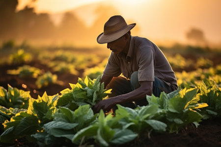 Asian farmer harvesting tobacco on a plantation.の素材