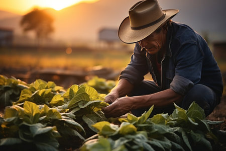 Asian farmer harvesting tobacco on a plantation.の素材