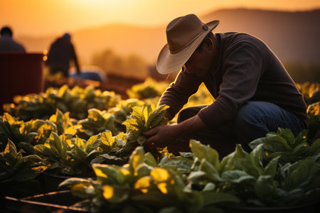 Asian farmer harvesting tobacco on a plantation.の素材
