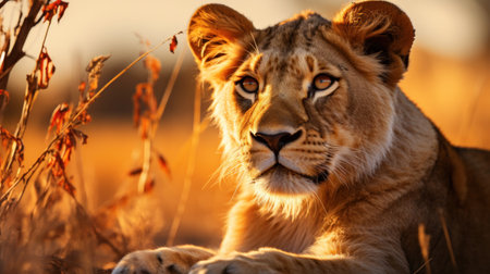 Attentive wild lioness looking away at sunset in african savanna.の素材