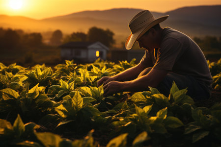 Asian farmer harvesting tobacco on a plantation.の素材