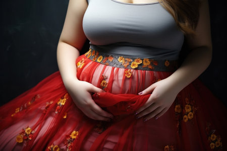 An overweight woman, obesity belly on a gray background.の素材