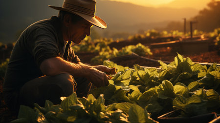 Asian farmer harvesting tobacco on a plantation.の素材