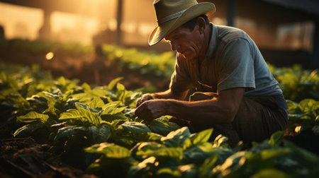 Asian farmer harvesting tobacco on a plantation.の素材
