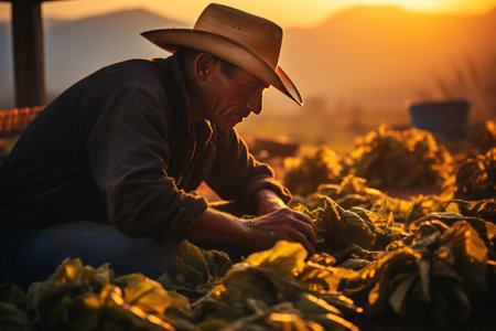 Asian farmer harvesting tobacco on a plantation.の素材