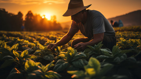 Asian farmer harvesting tobacco on a plantation.の素材